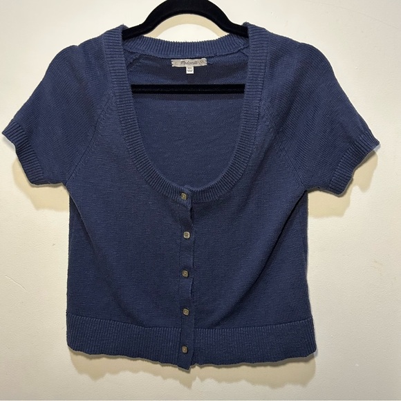 Madewell Blue Linen Scoop Button Up Short Sleeve Sweater Size XXS - Picture 1 of 11